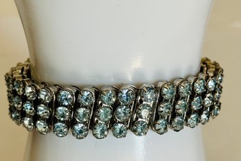 VINTAGE BLUE RHINESTONE SILVER TONE EXPANDABLE BRACELET