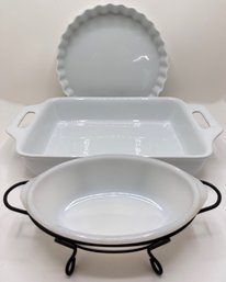 Vintage Glassbake Serving Dish In Holder, Pillivuyt Quiche Platter & Crate & Barrel Casserole Dish