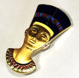 Vintage Signed Queen Nefertiti Enamel Brooch Gold Tone