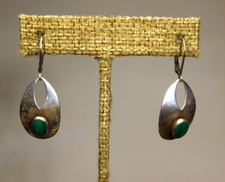 Fine Sterling Silver Pierced Drop Earrings Having Malachite Stones