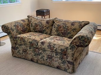 Ethan Allen Fully Upholstered Floral Skirted Loveseat ( Comes With An Off White Cotton Slipcover )