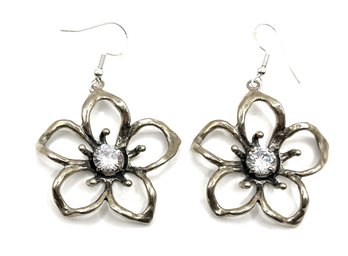 Vintage Israeli Sterling Silver Clear Stones Flower Dangle Earrings