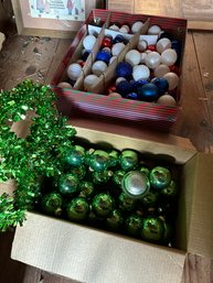 Box Of Red, White & Blue Ornaments & Box Of Green Ornaments