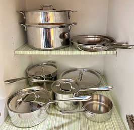 Set Of 8 All Clad Pots & Pans & Large Steamer, Some With Covers