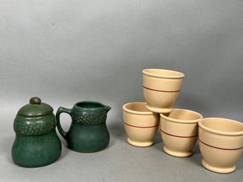 Vintage Inca Wear Custard Cups & Green Pottery Cream & Sugar
