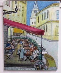 Parisian Outdoor Dining Scene On Canvas Signed Mc El.