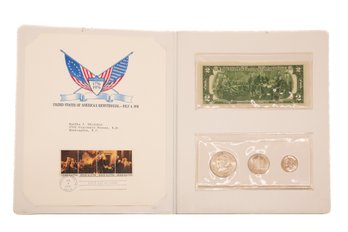 Vintage 1976 U.S. Bicentennial Stamps, Coins, And Two Dollar Bill Set - First Day Issue