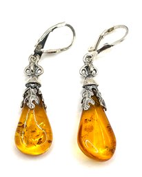 Vintage Sterling Silver Amber Dangle Earrings