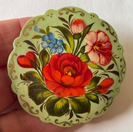 Beautiful Hand Painted Floral Pin Signed By The Artist