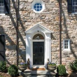 A Grand Entry 6 Panel Door & Doorway - Heavy Brass Lock - Half Round Leaded Glass Transom - Fluted Columns-X2