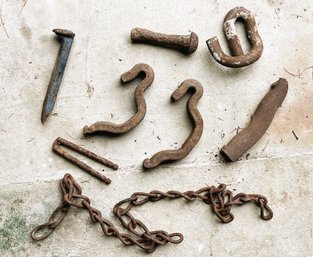 Collection Of Vintage/Antique Rusted Metal Items Including Rail Road Anchors & Spike, Chain & More