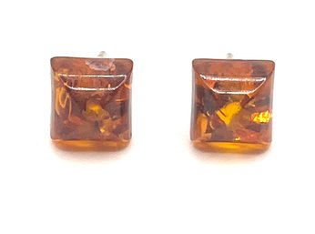 Vintage Sterling Silver Amber Color Square Earrings