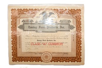 Vintage Stock Certificate Doning Food Products, Inc. Dated 11/01/1930