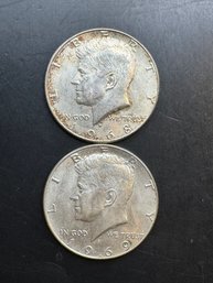 2 Silver Kennedy Half Dollars 1968-D, 1969-D