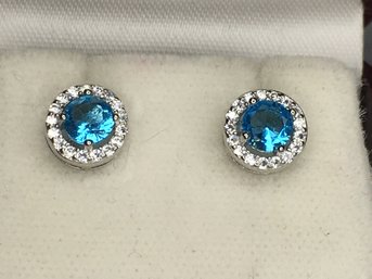 Fabulous Brand New - 925 / Sterling Silver Earrings With Aquamarine Encircled With White Zirconias - Wow !