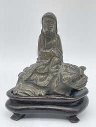 Vintage Brass/bronze Statue Of Guan Yin On A Water Buffalo ? (6)