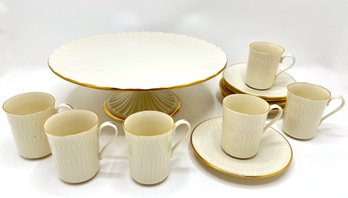 New Lenox Cake Platter With 6 Teacups & 6 Saucers With Gold Accents, Never Used