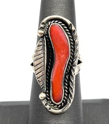 Vintage Native American Sterling Silver Coral Ring, Size 6