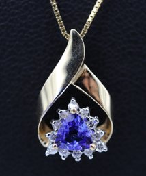 Vibrant Trillion Cut Tanzanite & 11 Round Brilliant Diamond Necklace
