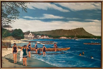 Original Patrick Doell Oil Painting Down In Waikiki, C. 1917 ( Purchased In 1980 For $2,035)