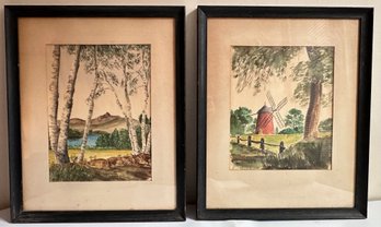 2 Vintage Original K. Gunning Watercolors Landscapes, Signed 1953