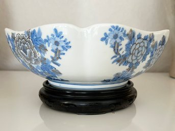 A Vintage Chinese Porcelain Bowl On Carved Wood Base