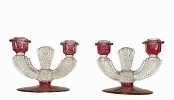 Pair Of Tiffin Franciscan Double Light Candelabra Clear With Red Ruby Flash Base And Sconces