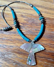 Native American Necklace With Mother Of Pearl, Silver Beads & Turquoise
