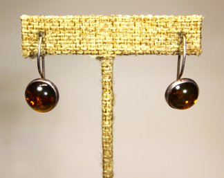 Fine Sterling Silver Pierced Drop Earrings Having Genuine Amber Stones