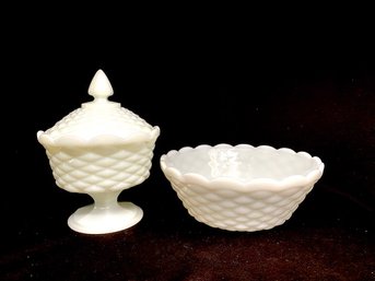 Pairing Of Vintage Anchor Hocking Colonial Diamond Milk Glass