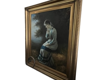 Stunning Realism Art Piece - Framed Reproduction Painting - Pondering Woman On Hay Bale