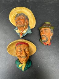 Trio Of Vintage Bossons Of England  Wall Decor Faces