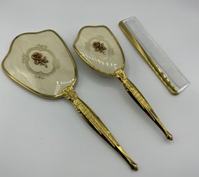 Vintage Gold Tone 3 Pc Vanity Set ~ Hand Mirror, Brush & Comb ~