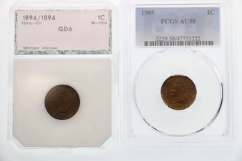 2 Graded Indian Head Penny Coins Pcgs 1905 Au58 And Pci 1894