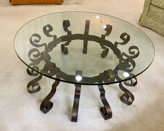 Mid Century Hollywood Regency Style Glass & Iron Scroll Cocktail Table