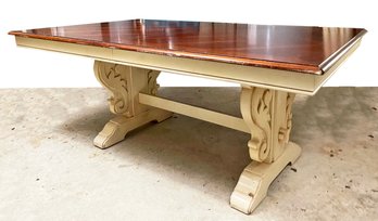 A French Provincial Trestle Based Dining Table - Inlaid Latticework Top - By Thomasville Impressions