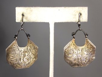 Pair Fine Sterling Silver Engraved Earrings Converted To Clip (easily Converted Back To Pierced)