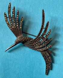Large Sterling Silver And Marcasite Dramatic Bird Pin