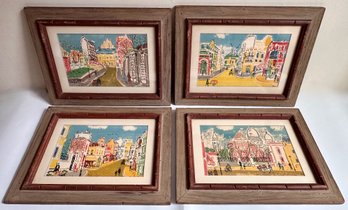 4 Vintage Watercolor Paintings Of European Cityscapes, 1 Signed