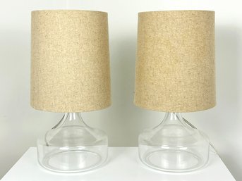 A Pair Of Modern Glass Table Lamps With Linen Shades