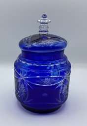 Beautiful Vintage Cut To Clear Cobalt Blue Glass Jar With Lid ~ Bohemian Czech ~