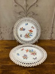 Lovely Dresden Vintage Reticulated Floral Appetizer/Dessert Plates Set/2