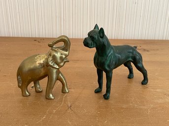 Metal Dog And Brass Elephant Figurines