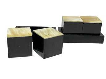 Two Sets Of Cube Style Salt & Pepper Shakers With Trays