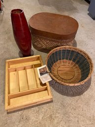 Hand Woven Fruit Bowl Basket, Wooden Utensil Tray, Woven Storage Bin, Decorative Bamboo Vase