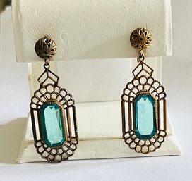 VINTAGE COPPER TONE BLUE GLASS SCREWBACK DANGLE EARRINGS