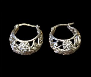 Vintage Sterling Silver Ornate Hoop Earrings