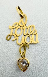 SIGNED JCM 14K GOLD 'I LOVE YOU' PENDANT OR CHARM WITH CRYSTAL HEART DANGLE