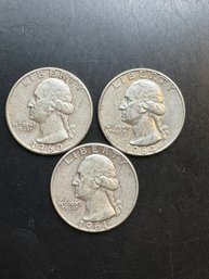 3 Silver Washington Quarters 1960, 1961-D, 1964-D