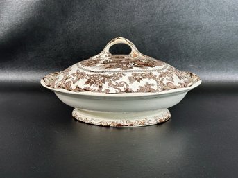 A Rare & Beautiful 19th Century Chinoiserie Transferware Covered Vegetable Bowl In Brown